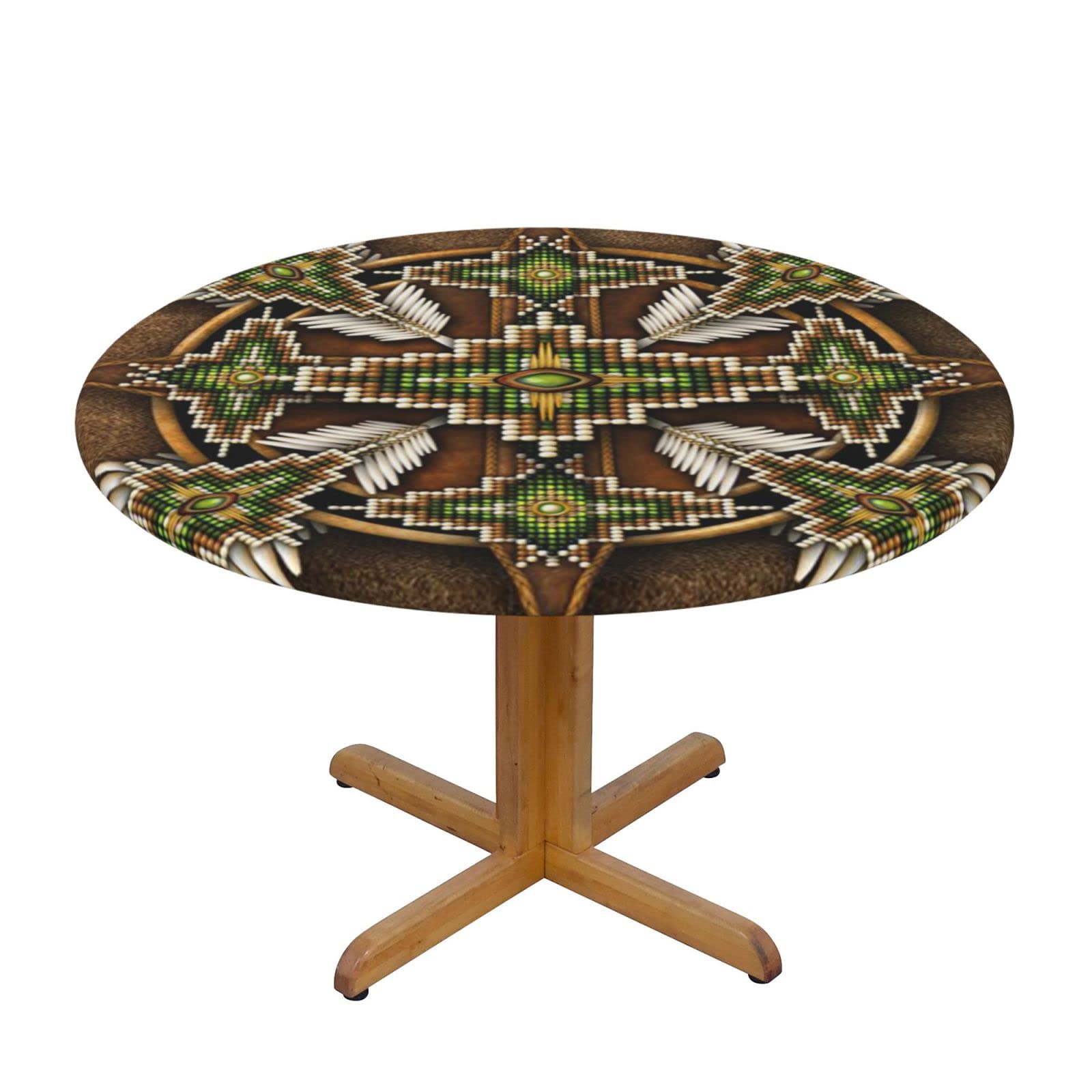 Lsjuee Round Fitted Tablecloth 45-50in Elastic Edged Table Cloth for Kitchen Dining Party Home Decor - Native American Tribe Brown