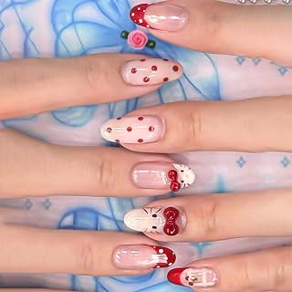 Cute Polka Dots Press ons Nails Short Oval, Nude Nails with Burgundy French Tip&3D Cartoon Kitty&Red Bows&Polka Dots Design, 24pcs Pretty Fake acrylic Nails Glue on for Women Girls Daily Party