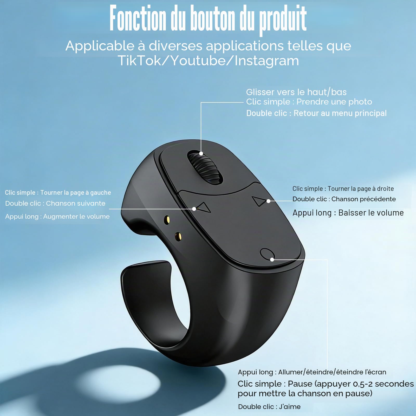 Anneau de Défilement Bluetooth TikTok,Tourne-Page à Distance | Contrôleur Mobile Selfie Lazy avec Chargeur, Appareil Photo, Enregistrement Vidéo pour Tablettes, iOS, Android