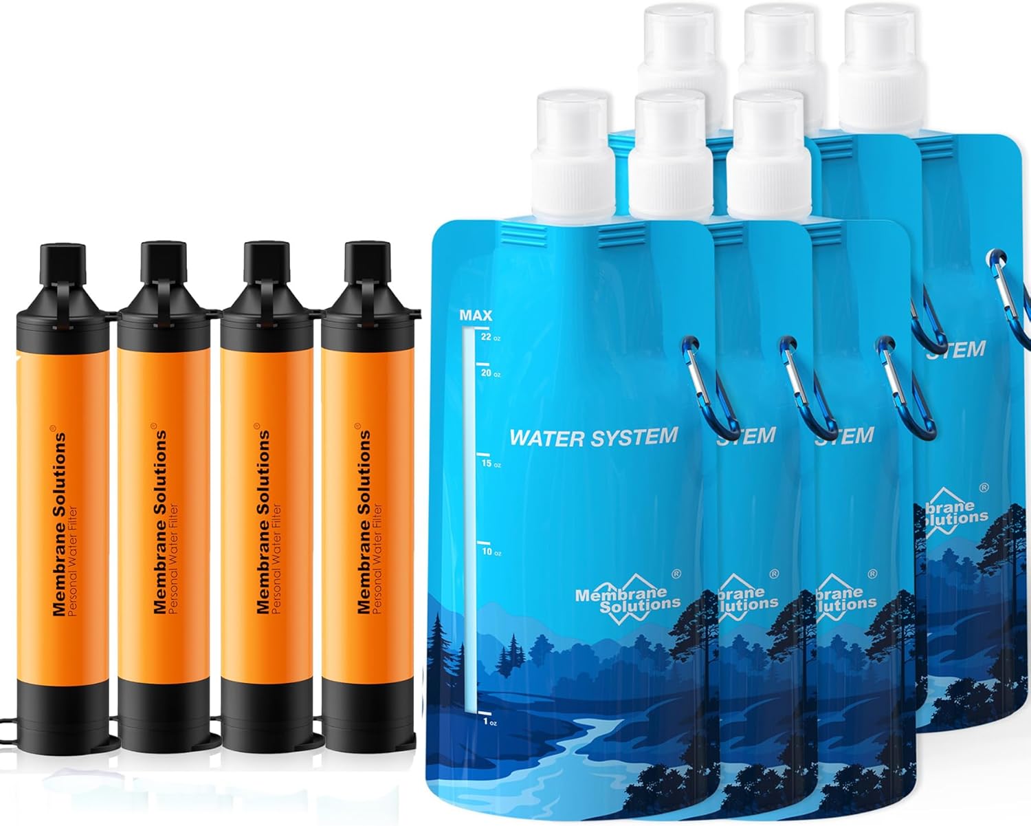Membrane Solutions Squeezable Water Filtration System, Survival Water Purifier Kit, Portable Backpacking Gear Including Water Filter Straw and 23oz Collapsible Bottle for Hiking Camping Travel(4+6)