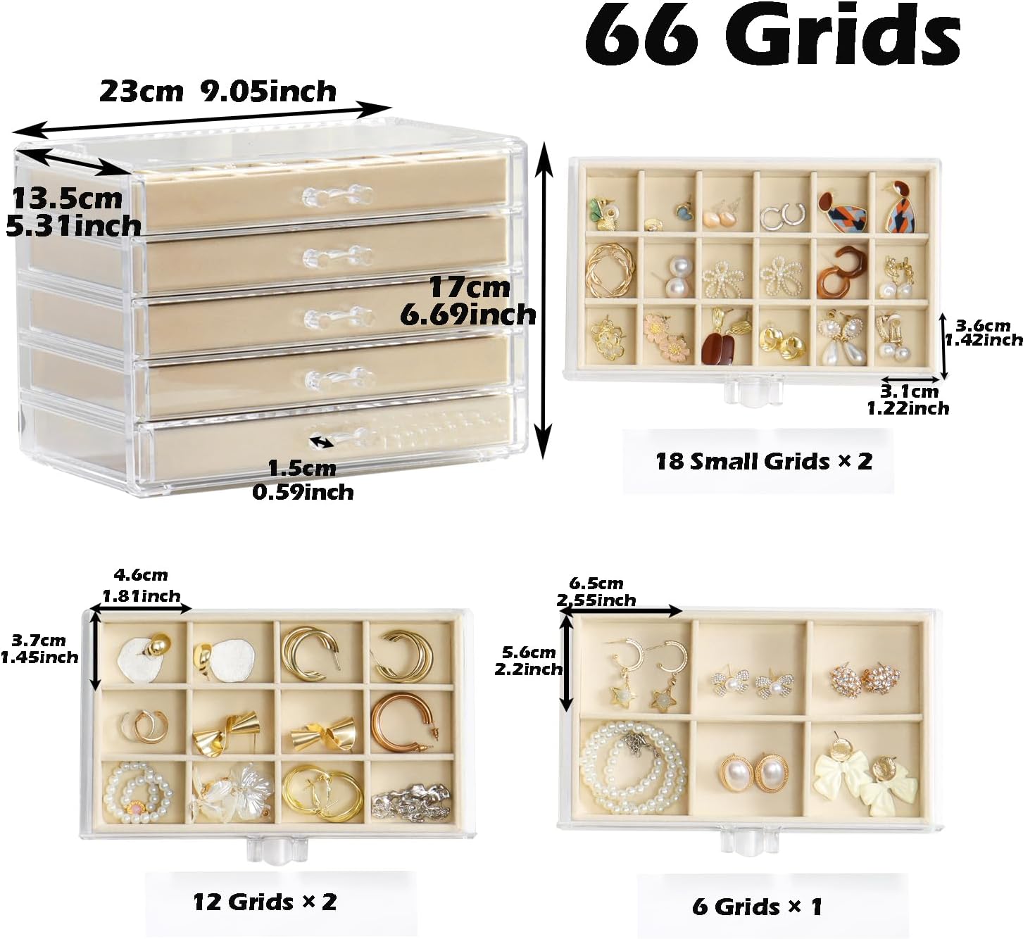 Jewelry Organizer with 5 Drawers Clear Acrylic Earring Display Case Velvet Jewelry Storage Box Display Holder for Earring Ring Bracelet Necklace (Beige, 66 Grids) - Image 2