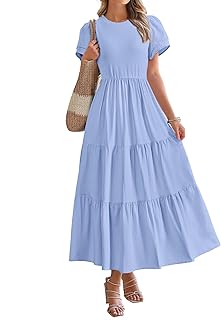Women Casual Summer Dresses 2025 Spring Crewneck Short Sleeve Tiered Flowy Boho Maxi Beach Vacation Dress Pockets - Buy now