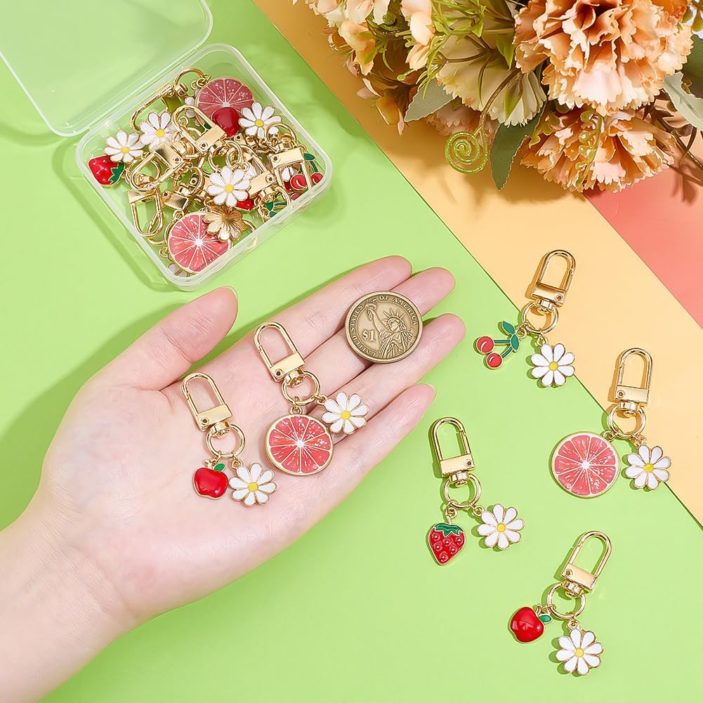 PH PandaHall 16pcs Fruit Flower Keychains, 4 Styles Cute Key Chain Alloy Enamel Keychains Cherry Strawberry Orange Charms for Purse Wallet Backpack Decoration, Gift, Women, Gold - Image 3