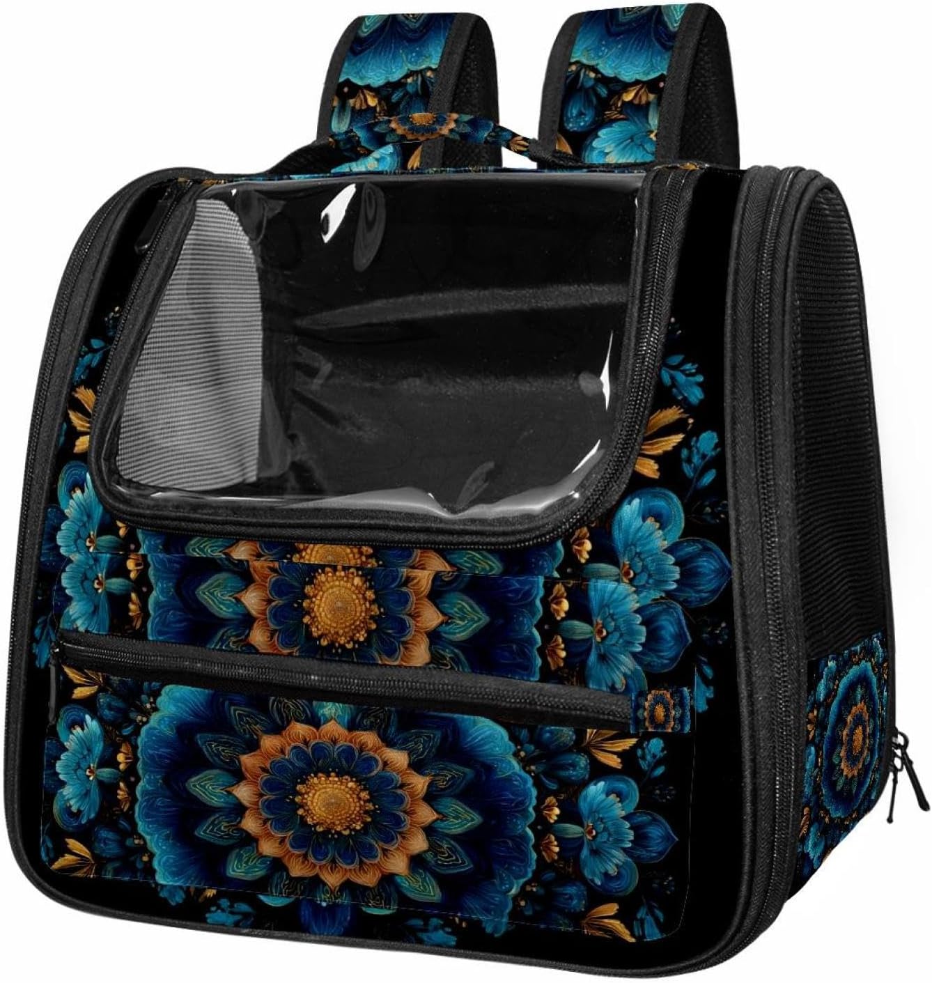 Portable Travel pet Backpack Carrier Hamster Bag Small Dog cat Carrier Breathable Hang Bag, Mandala Floral Blue Dark (3)