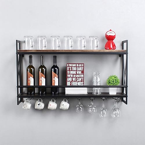 MBQQ Estantes de vino rústicos montados en la pared con soporte de vidrio de 8 vástagos, estante de vino industrial de metal colgante de 36