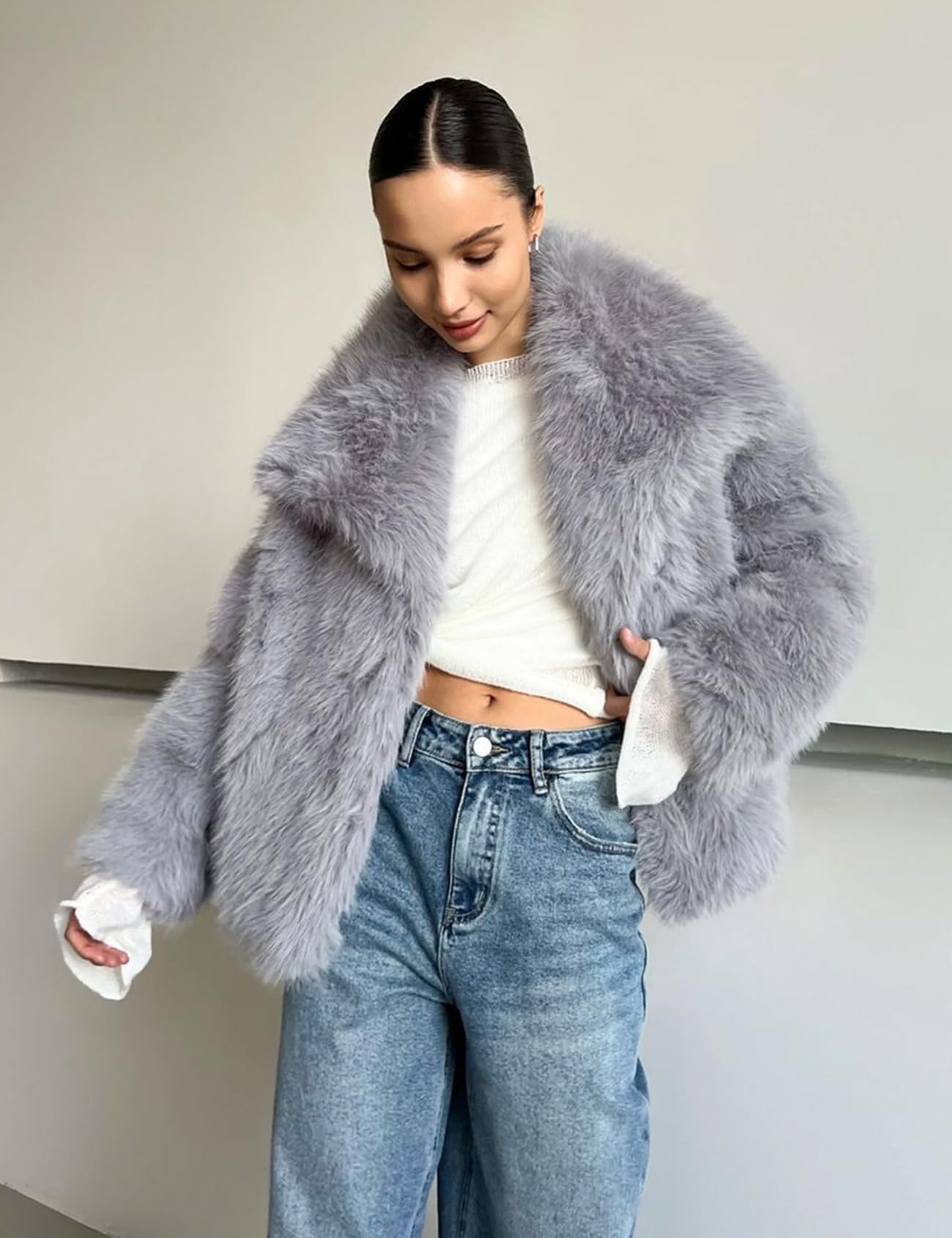 Abrigo de Piel sintética para Mujer Chaqueta de Piel sintética esponjosa Chaquetas de Invierno peludas de Solapa de Manga Larga Abrigo Corto de Parka Peluda