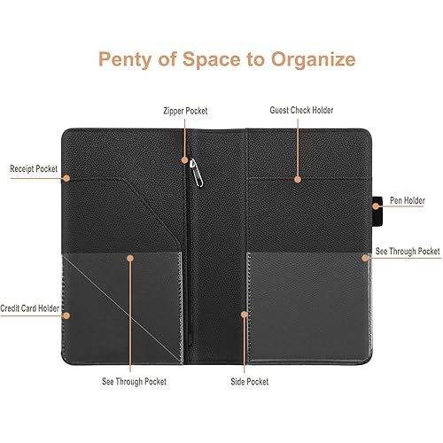 Miniatura 24 de RSAquar Libreta de servidores con bolsillo con cremallera, libros de cuero de primera calidad para camarera, cartera para camarera, delantal