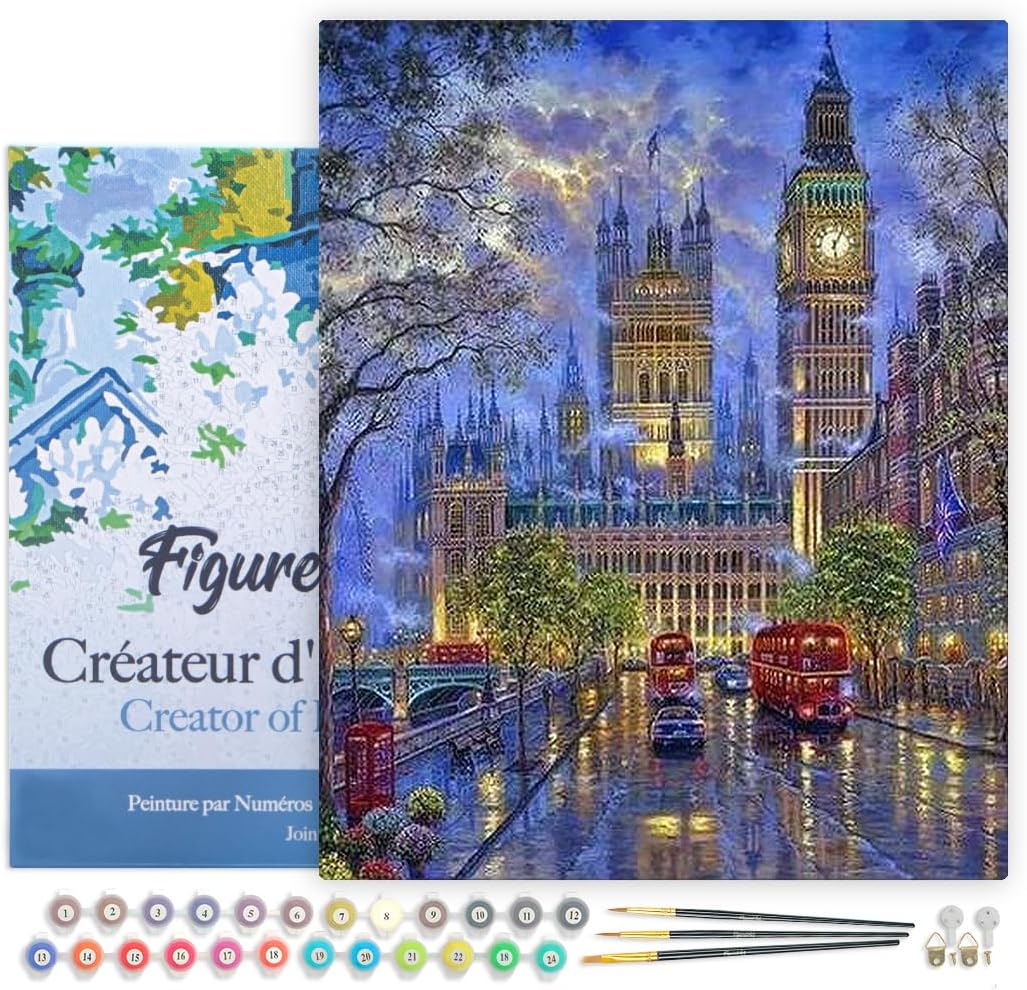 Figured'Art Paint by Numbers for Adults with Frame London in The Dusk 16"x20" - Craft Art Painting DIY Kit Canvas Already Stretched on a Wooden Frame