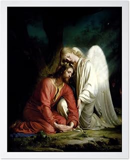 Poster Master Vintage Carl Bloch Poster - Retro Christian Print - Gift for Artist, Friend - Jesus Comforted by Angel, Gethsemane, Religious - Wall Decor for Home, Office, 8x10 White Framed
