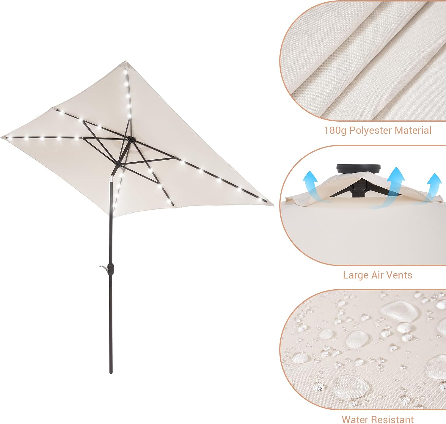 Rectangle patio umbrella with solar lights, 10x6.5ft umbrella outdoor patio with Tilt & Crank Market Umbrella 6 Sturdy Ribs UV Protection Waterproof for Garden Deck Backyard Pool