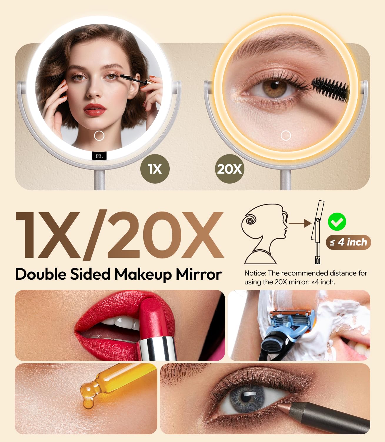 Beleuchteter Make-up-Spiegel mit Lichtern, 20,3 cm (8 Zoll), 1 x / 20 x Vergrößerungsspiegel mit Licht und Digitalanzeige, 6,6 cm höhenverstellbar, wiederaufladbar, 3 Farbmodi für Make-up und Rasur