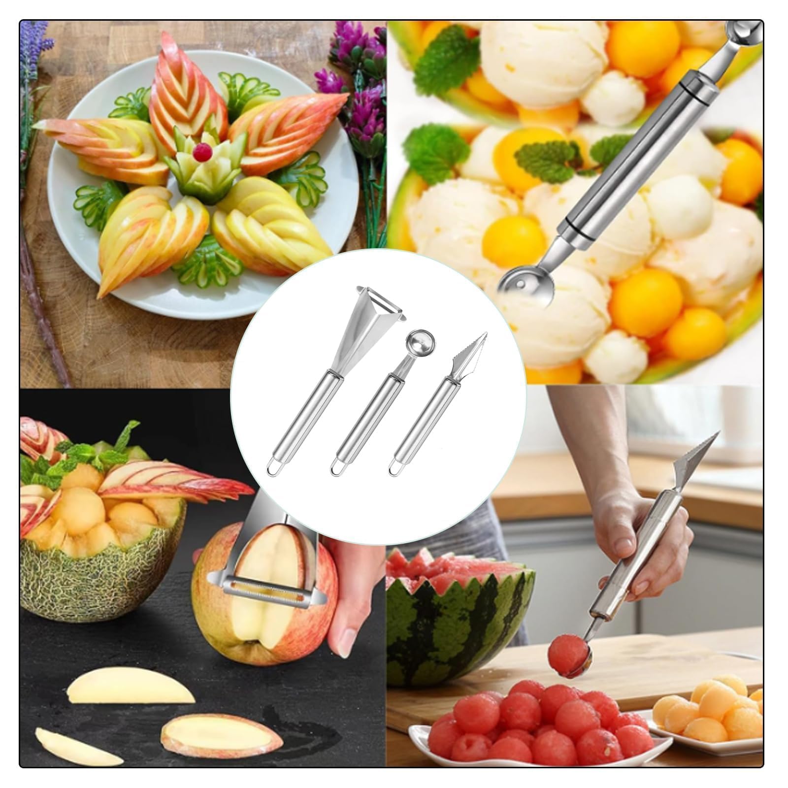 3 Pièces Outils À Fruits Pousse-Pomme Cuillère À Boule De Melon Couteau De Sculpture En Acier Inoxydable Pour Creuser Et Sculpter Des Fruits, Cuisine Maison