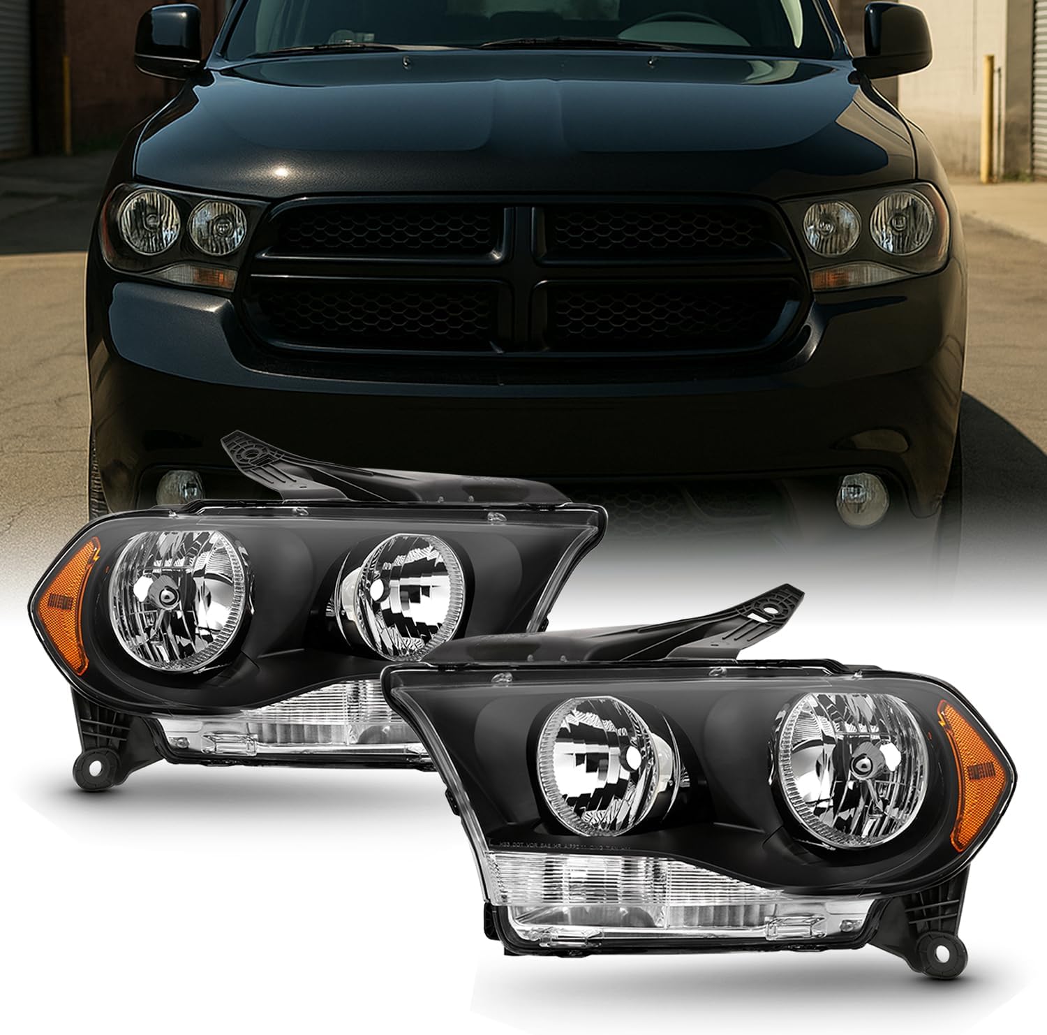 AKKON - Fits 2011 2012 2013 Dodge Durango Halogen Model Black Headlights Driver Left+Passenger Right Side Pair