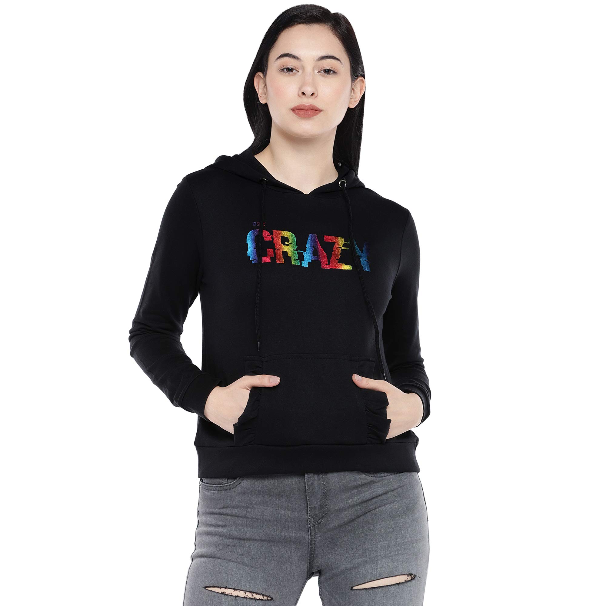 Global Desi Women Black Printed Hooded Sweatshirt in black