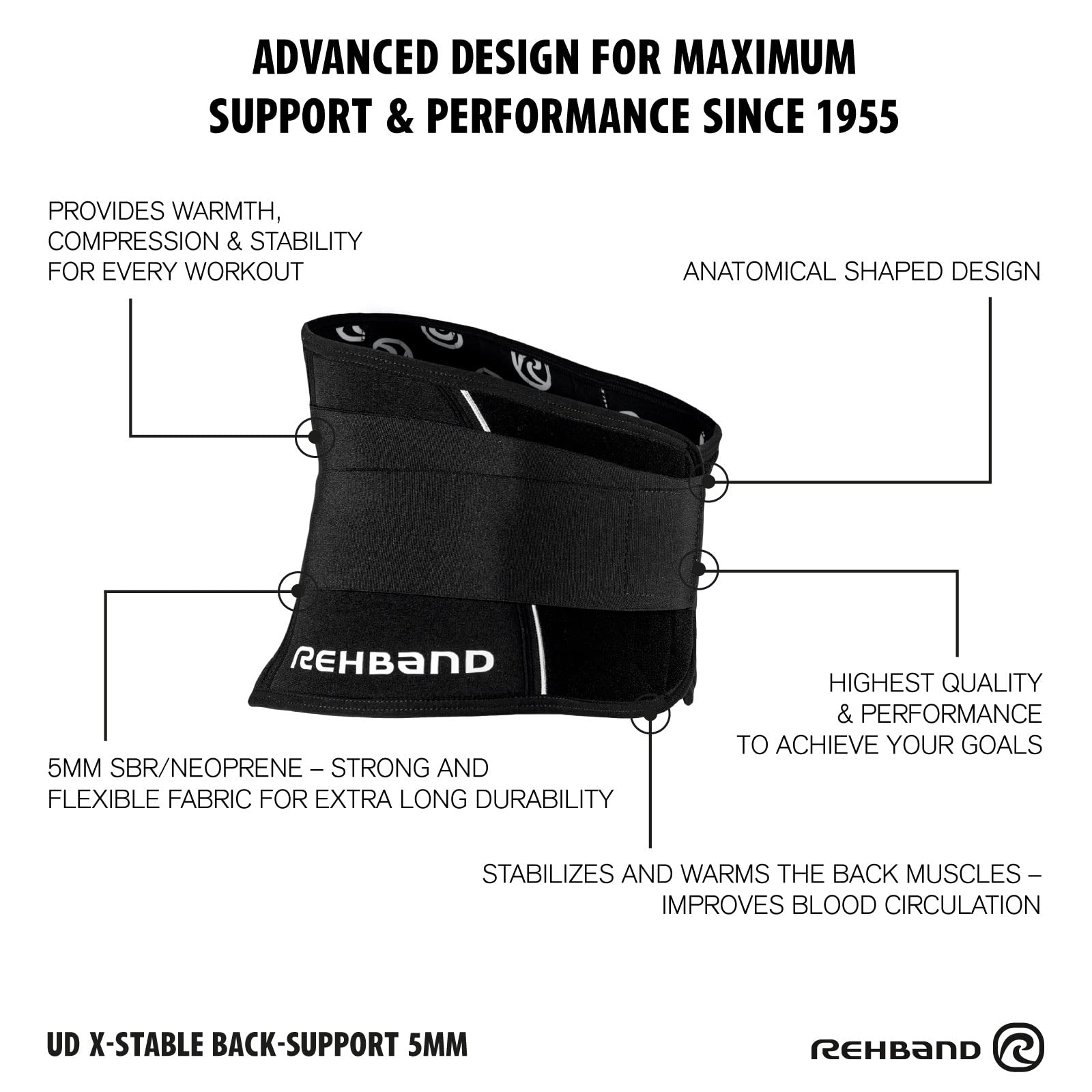 Rehband UD X Stable Back Support, faja lumbar de neopreno 5 mm, soporte de espalda estabilizador para actividades físicas, cinturón lumbar negro con calor y compresión, tallas S-XXL, Talla:XL