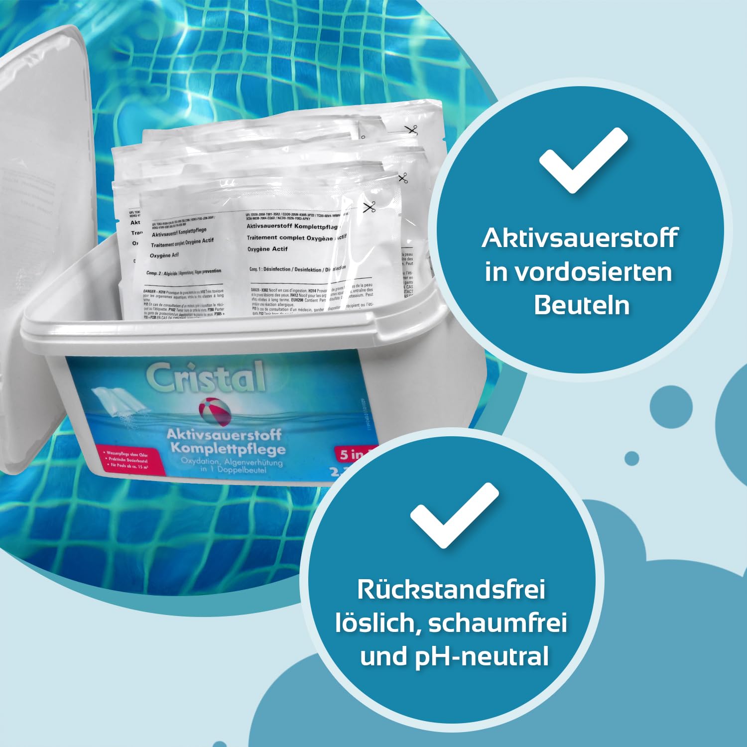 Cristal Aktivsauerstoff Komplettpflege 2.24 Kg ohne Chlor für Pools und Whirlpools - Hautfreundlich pH-neutral Chlorfrei Desinfektion Algenverhütung