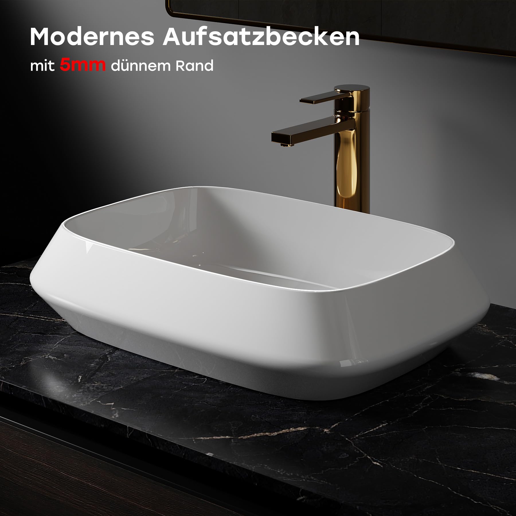 HOROW Lavabo da bagno, bordo sottile, lavabo da appoggio, moderno | Lavabo rettangolare bianco senza foro per rubinetto, piccolo lavandino per ospiti WC bagno, 52 cm
