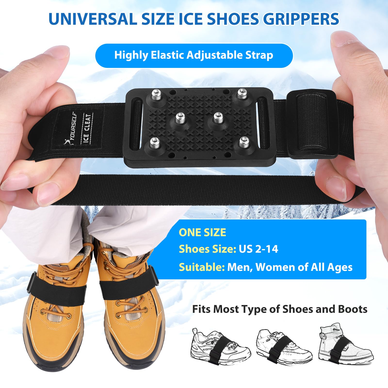 SYOURSELF Crampons à glace pour chaussures et bottes, semelle intermédiaire rotative, crampons de traction pour la neige et la glace, crampons antidérapants en tungstène pour homme et femme, pour