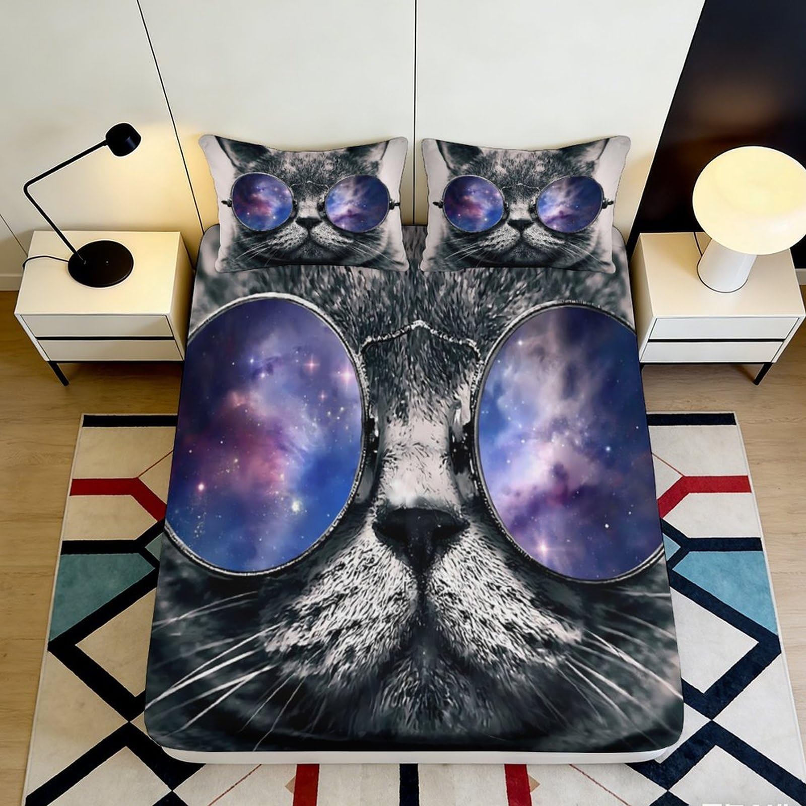 3D Printed Galaxy Cat Fitted Sheet Microfiber Soft Non-slip Cosmic Nebula Mattress Cover for Bedroom Dorm Decor 200x200x25cm