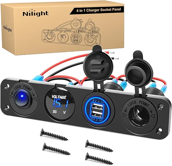 Nilight 4 in 1 Outlet Socket Panel 12V DC 4.8A Dual USB 12 Volt Cigarette Lighter LED Voltmeter ON Off Rocker Toggle Switch for Marine Boat Truck Car