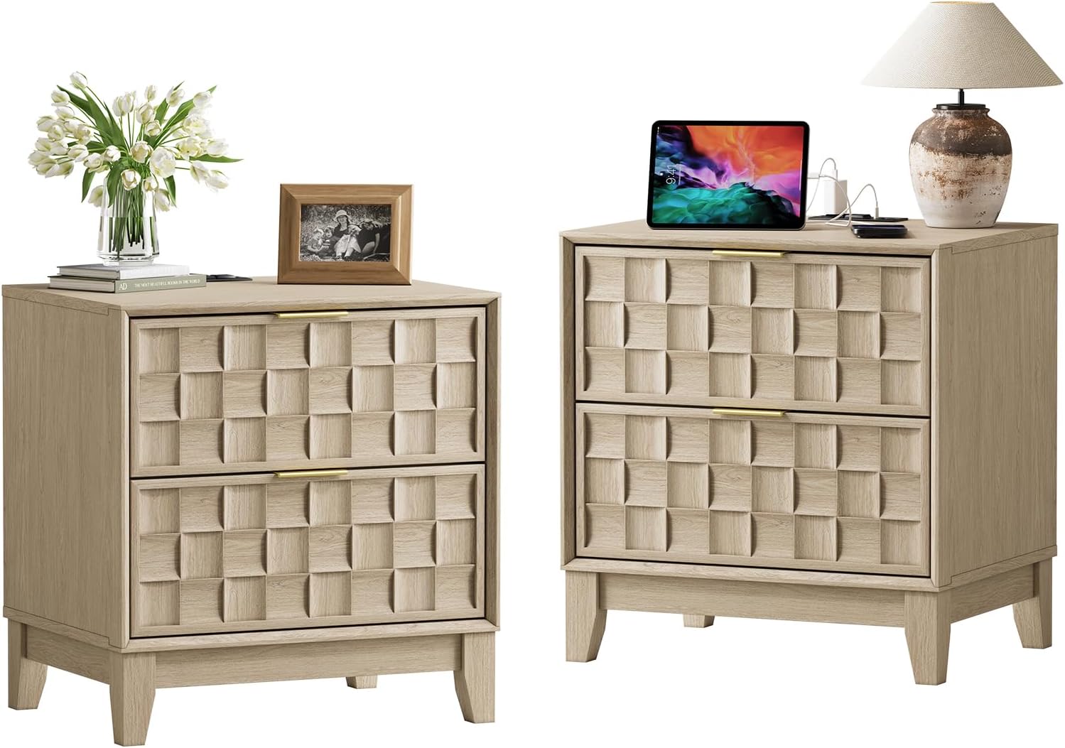 COLAMY Night Stand Set of 2, Nightstand with Charging Station, 2 Drawers Modern Bedside End Table, with Chessboard Relief and Wood Legs, for Bedroom, Dorm and Small Space - Oak