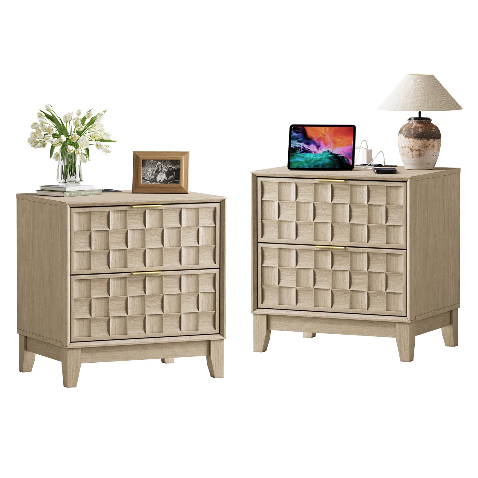 COLAMY Set Of 2 Modern Night Stands With Charging Station - 2 Drawers, Chessboard Design, Sunwashed Ash Oak