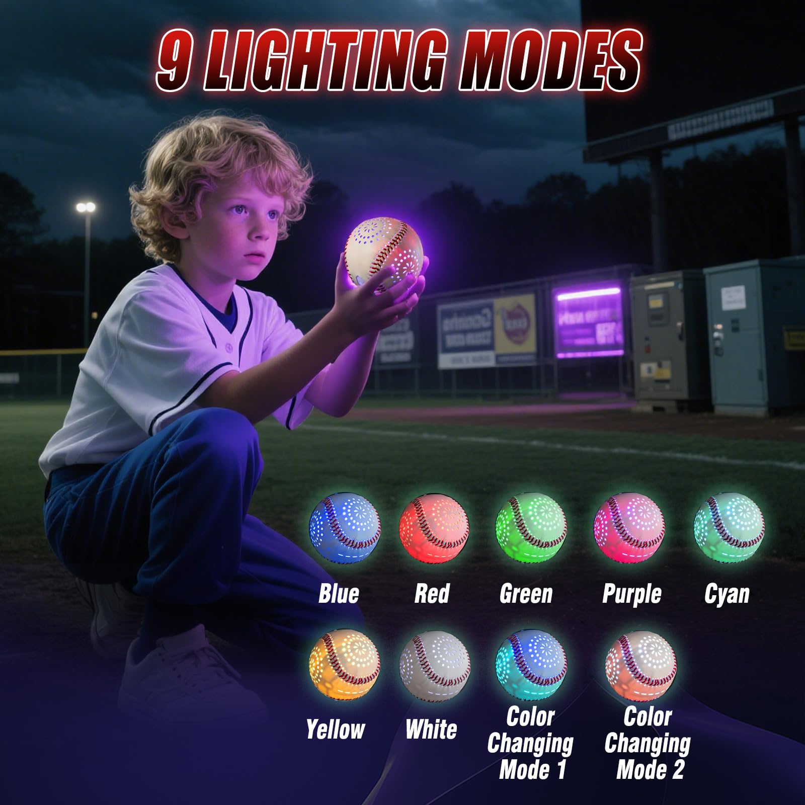 ZACEAC LED Rechargeable Baseball with 9 Lighting Modes Glow in The Dark Baseballs, Baseball Gifts for Boys 6 7 8 9 10 11 12 Years Old Sport Games for Kids Indoor Outdoor Toys for Kids