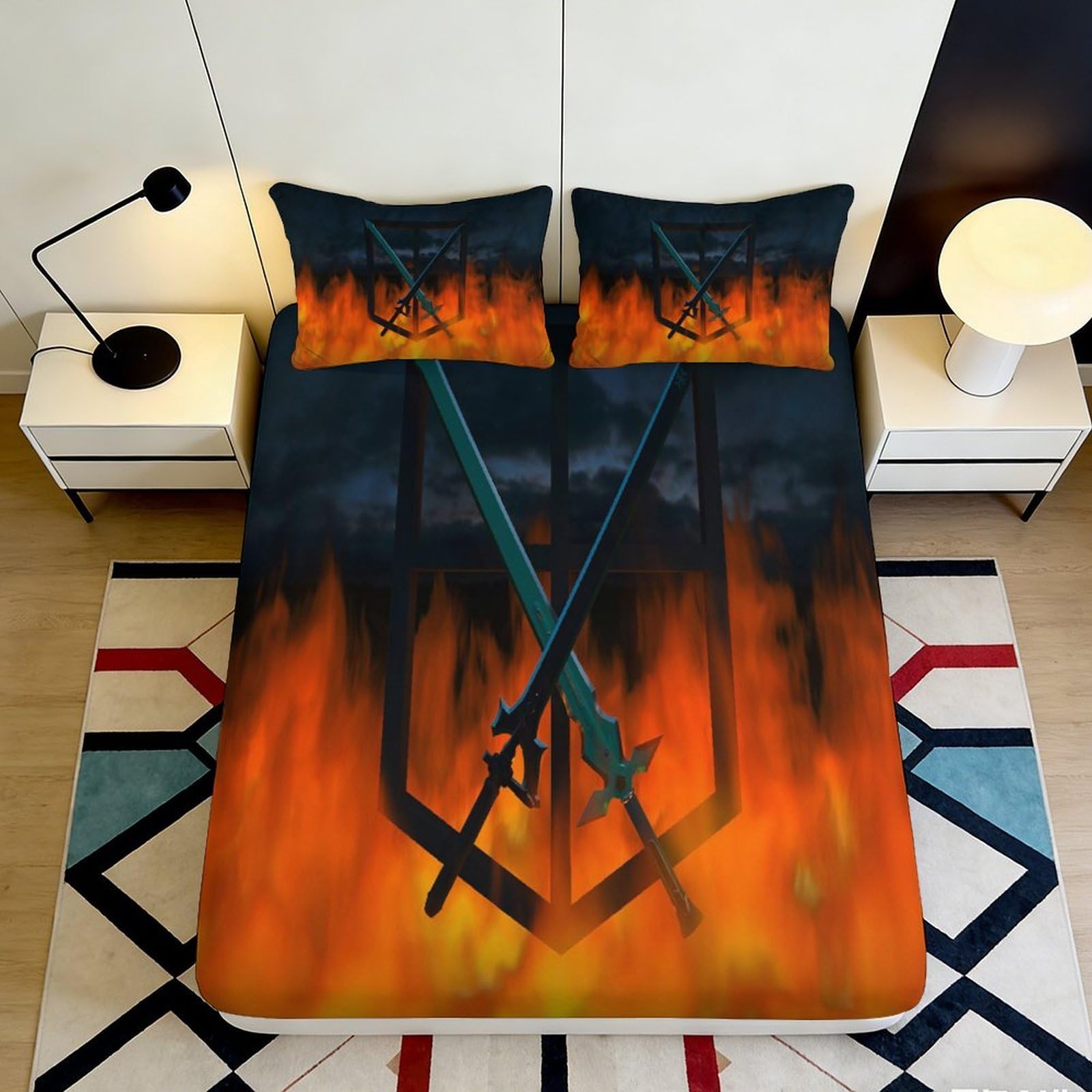 Uxinyoume Style-6 3D Printed Flaming Sword Fitted Sheet Microfiber Orange Black Bed Cover Bedroom Dorm Decor Mattress Protection 90X200x25cm