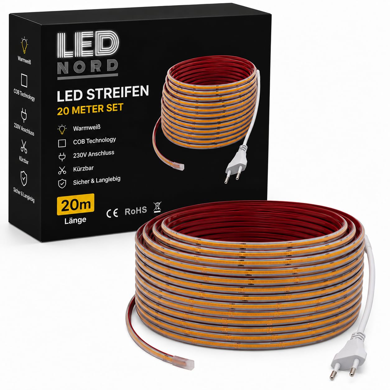 Taśma LED COB 230 V 20 m ciepła biel 3000 K, ściemniana taśma świetlna LED IP67, 10 W/m, do 1100 lm/m, możliwość przycięcia co 12,5 cm, samoprzylepna, do wewnątrz i na zewnątrz