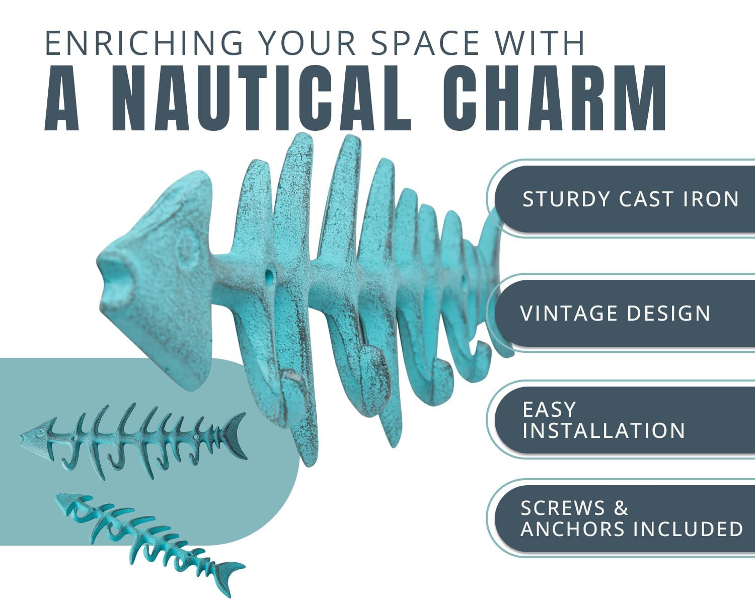 Comfify Portasciugamani a Parete con Osso di Pesce Decorativo Elegante Gancio in ghisa con 4 Ganci Pesce - Include Viti e ancoraggi - Blu