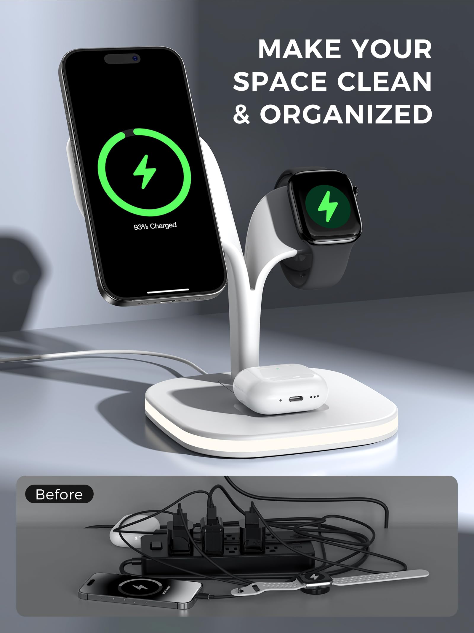 HJCE Bezprzewodowa ładowarka, 20W stacja ładująca 3 w 1 do Apple składana, indukcyjna do iPhone 17e Air 17 16 15 14 13 12, Apple Watch 11/10/9/8/7/6/5/4/3/2/SE/Ultra, AirPods Pro/3/2