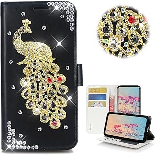 STENES Bling Wallet Phone Case Compatible with Moto One 5G Ace Case - Stylish - 3D Handmade Crystal Peacock Magnetic Wallet Magnetic Wallet Stand Leather Cover Case - Black