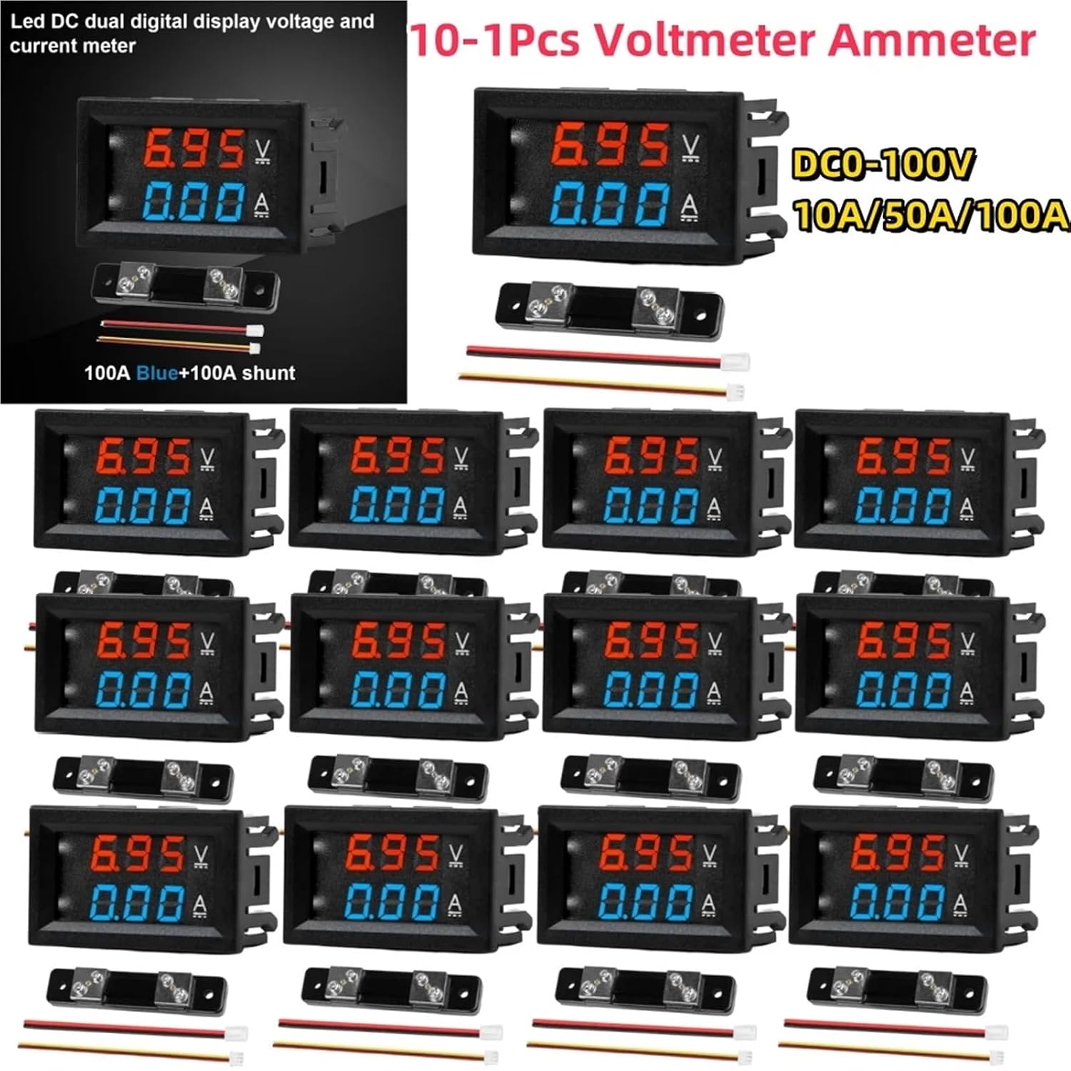100V 10/50/100A Voltmeter Ammeter Blue + Red LED Amp Dual Digital Volt Meter Gauge Car Motocycle Voltage Current Meter(1PCS 10A)