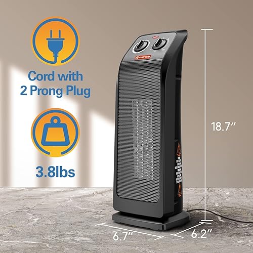Miniatura 5 de ECOWELL Calentador eléctrico de cerámica de calentamiento rápido de 1500 W con termostato, calentador de torre de 18 pulgadas para uso en