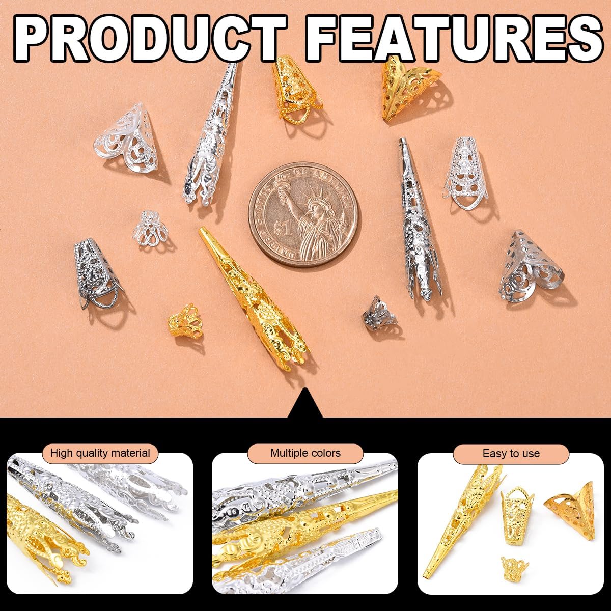 Filigree Flower Bead Cones, 450 Pieces Mixed Metal End Caps, 4 Styles, Gold and Silver, for Jewelry Making