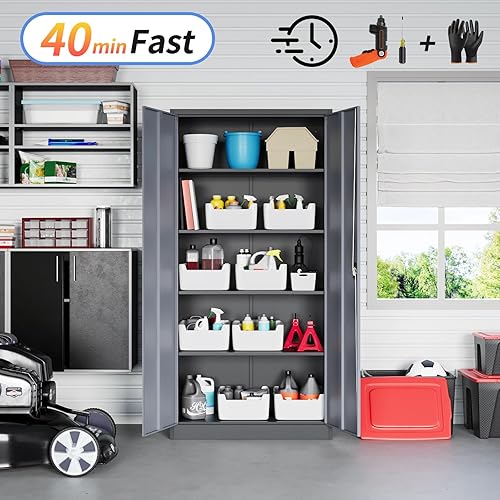 Miniatura 2 de Yizosh Armario de almacenamiento de metal para garaje con cerradura, gabinete de herramientas de bloqueo de 71 pulgadas con 2 puertas y 5 estantes,