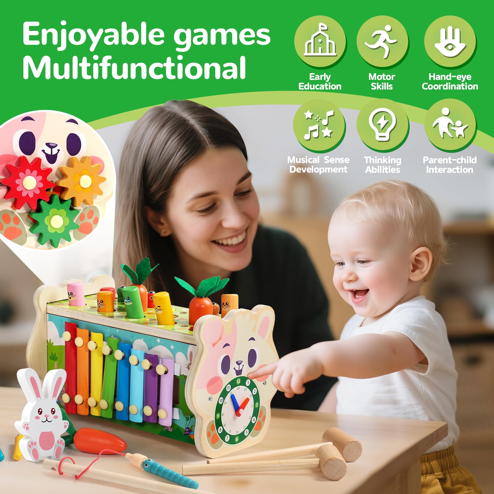 Fajiabao Jouet Bebe 1 an Montessori- 7 en 1 Jeux en Bois Educatif Jouet Enfant 1 an Jeu Marteau et Xylophone Bebe, Cueillir Les Navets, Cadeau Enfant 1 2 3 Ans Garcon Fille Anniversaire