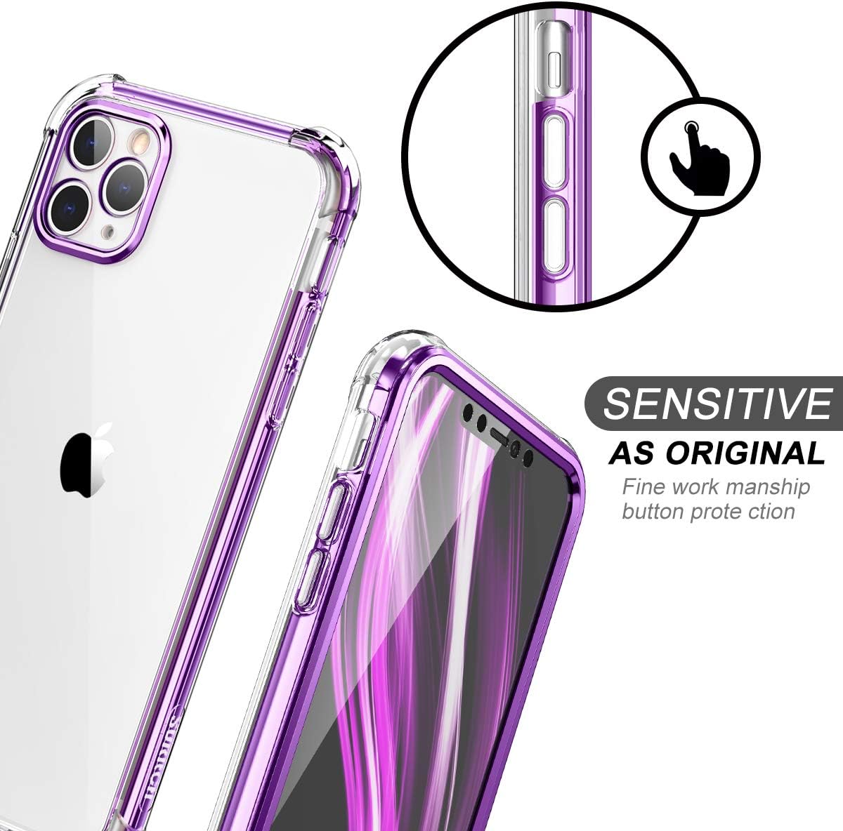 SURITCH Compatible with iPhone 11 Pro Clear Case,[Built in Screen Protector][Camera Lens Protection] Full Body Protective Shockproof Bumper Rugged Cover for iPhone 11 Pro 5.8 Inch (Purple)
