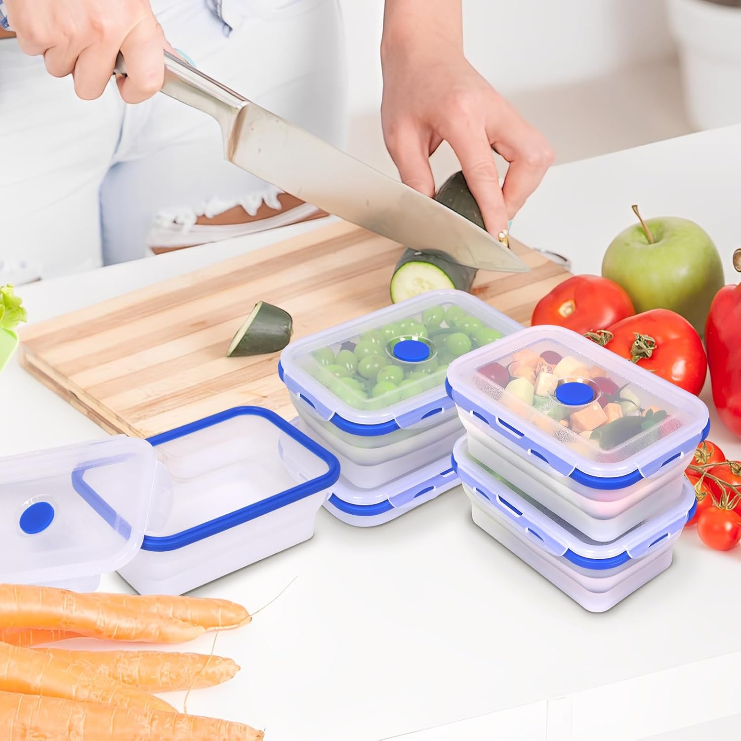 5 Pack Translucent Collapsible Silicone Food Storage Containers with Leak-Resistant Lids, 27oz Bento Lunch Box, microwave, dishwasher, freezer safe, BPA Free