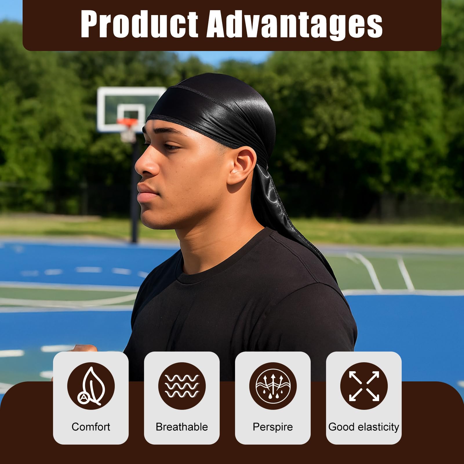 Durag De Seda Gorro De Onda Elástico Bandana Transpirable Secado Rápido Negro