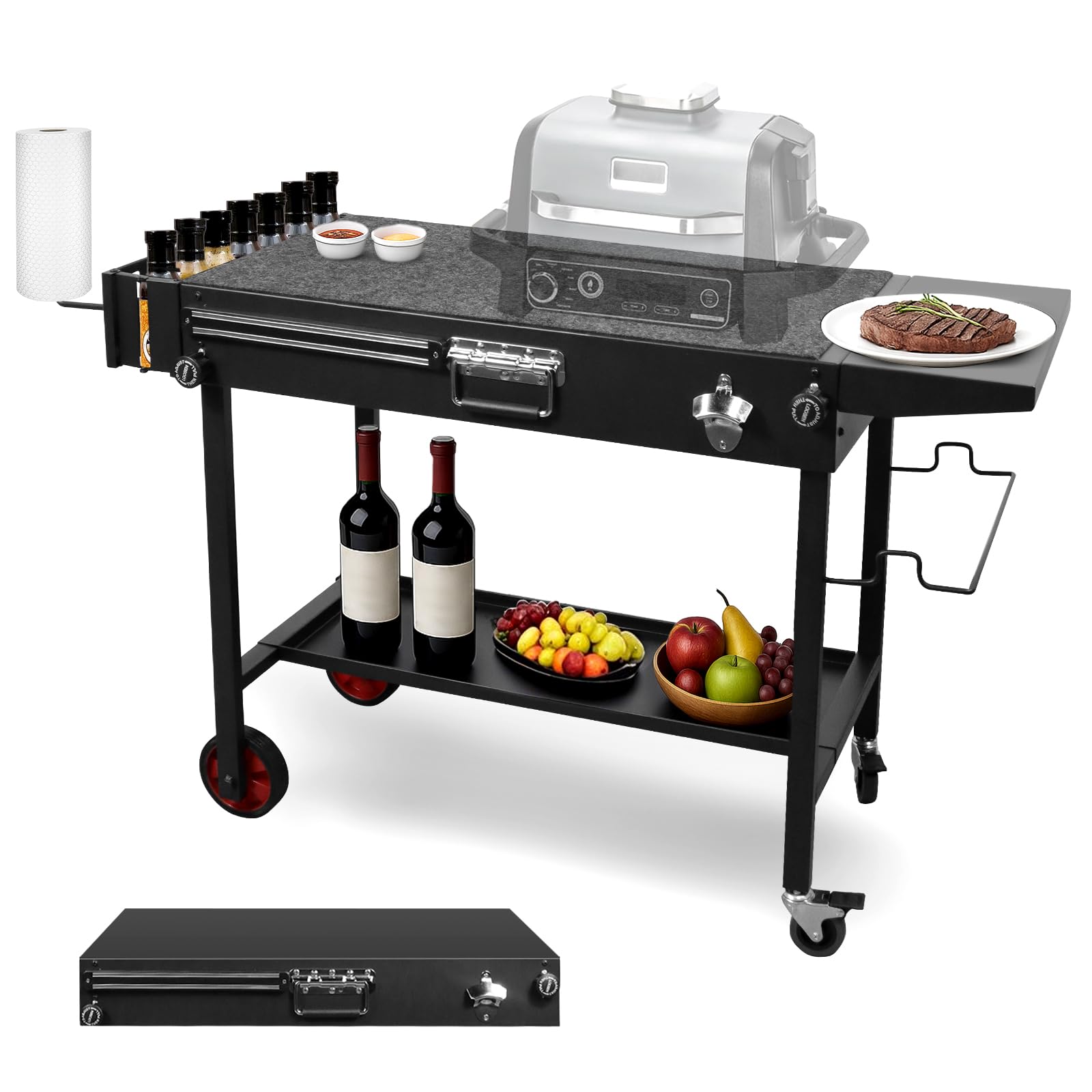 Folding BBQ Table with Wheels, Outdoor Pizza Oven Stand & Prep Station