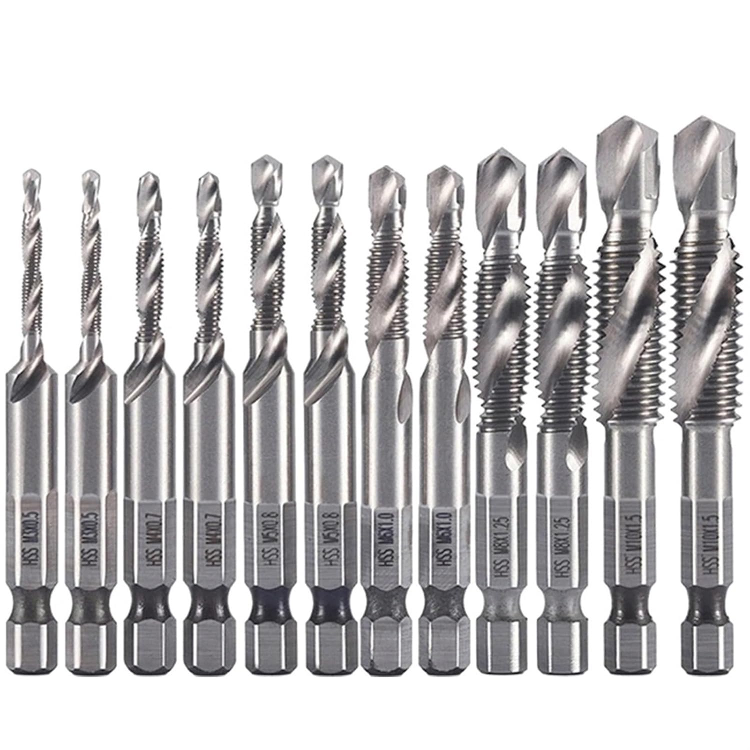 12 Pack HSS Thread Tap Drill Bit Set - M3 M4 M5 M6 M8 M10 Hex Shank Metric Tapping Tools for Drilling and Countersinking