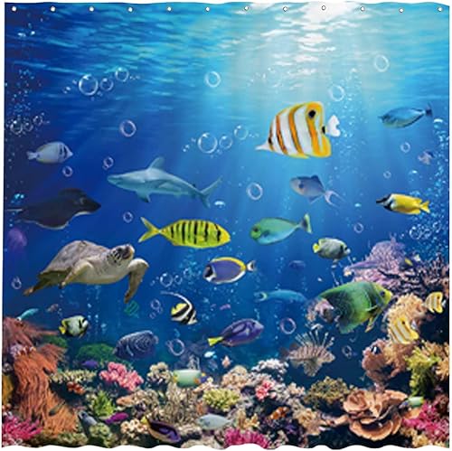 Allenjoy Cortina de ducha de 72 x 72 pulgadas, diseño de pez oceánico, tortuga tropical, tiburón, para decoración de baño, lavable a máquina
