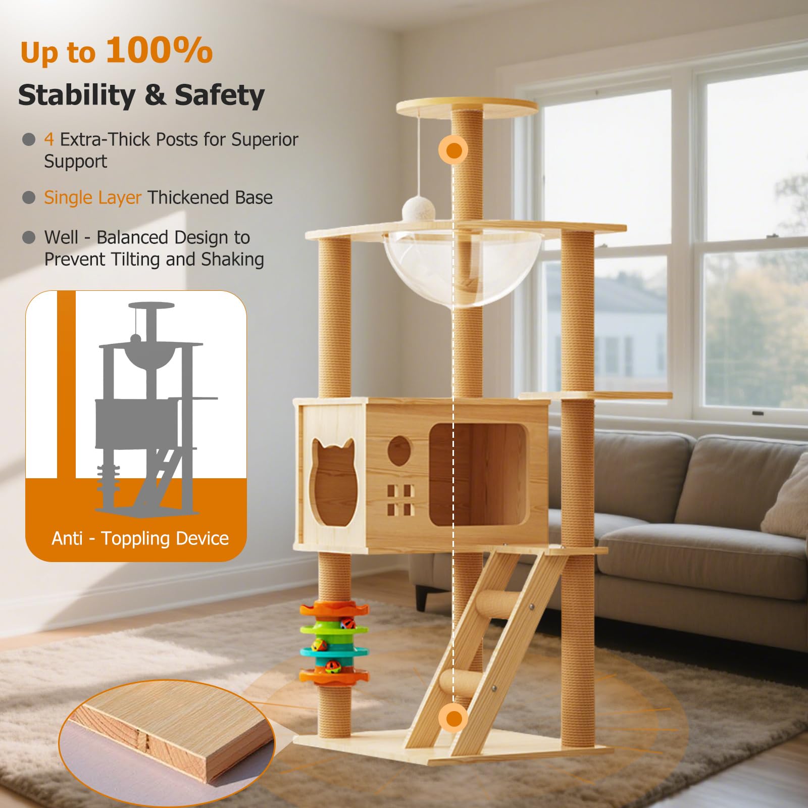 PETCUTE Torre per Gatti da Interni, Moderno,A Più Piani,Albero Tiragraffi in Legno per Gatti con Albero in Sisal, Capsula Spaziale,Piattaforma di Osservazione,Grotta,Pallina Giocattolo