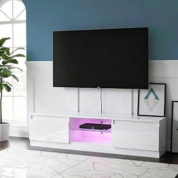 TV Cabinet with LED Light 2 Doors 2 Glass Shelves for Living Room Furniture Sideboard High Gloss Front TV Stand Unit Entertainment Centre TV Console Media White 160 cm for TVs up to 75 Inches