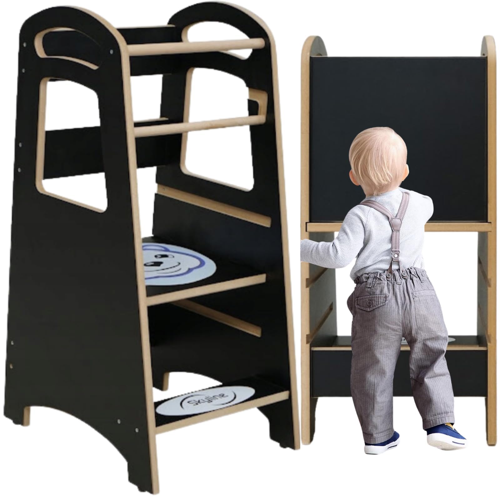 Baby Montessori Wieża do nauki dla małych dzieci, stopień z regulowaną wysokością i szyną bezpieczeństwa, pomocnik kuchenny dla niemowląt, stołek kuchenny (czarny/sowa)