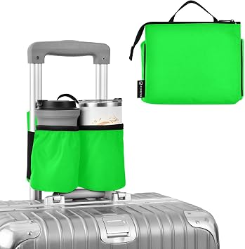 DOMIKING Neon Green Travel Luggage Cup Holder for Suitcase Free Hands Drink Strollers Caddy with Handle for Beverages Bottles