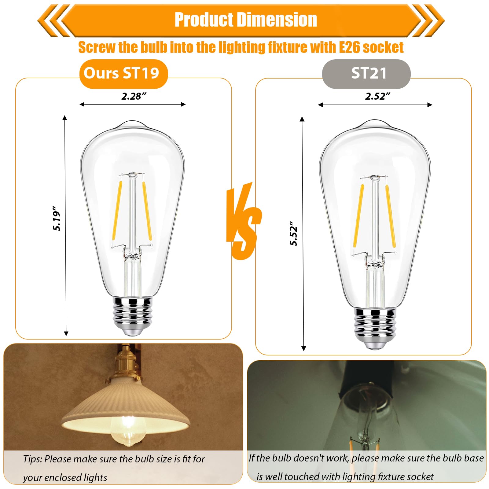 WIAONE winsaLED - Paquete de 12 bombillas LED Edison de 2 W, equivalente a bombillas de 25 W, 2700 K, blanco suave con base estándar E26, bombillas LED ST19 de bajo vatio, no regulables, 120 V