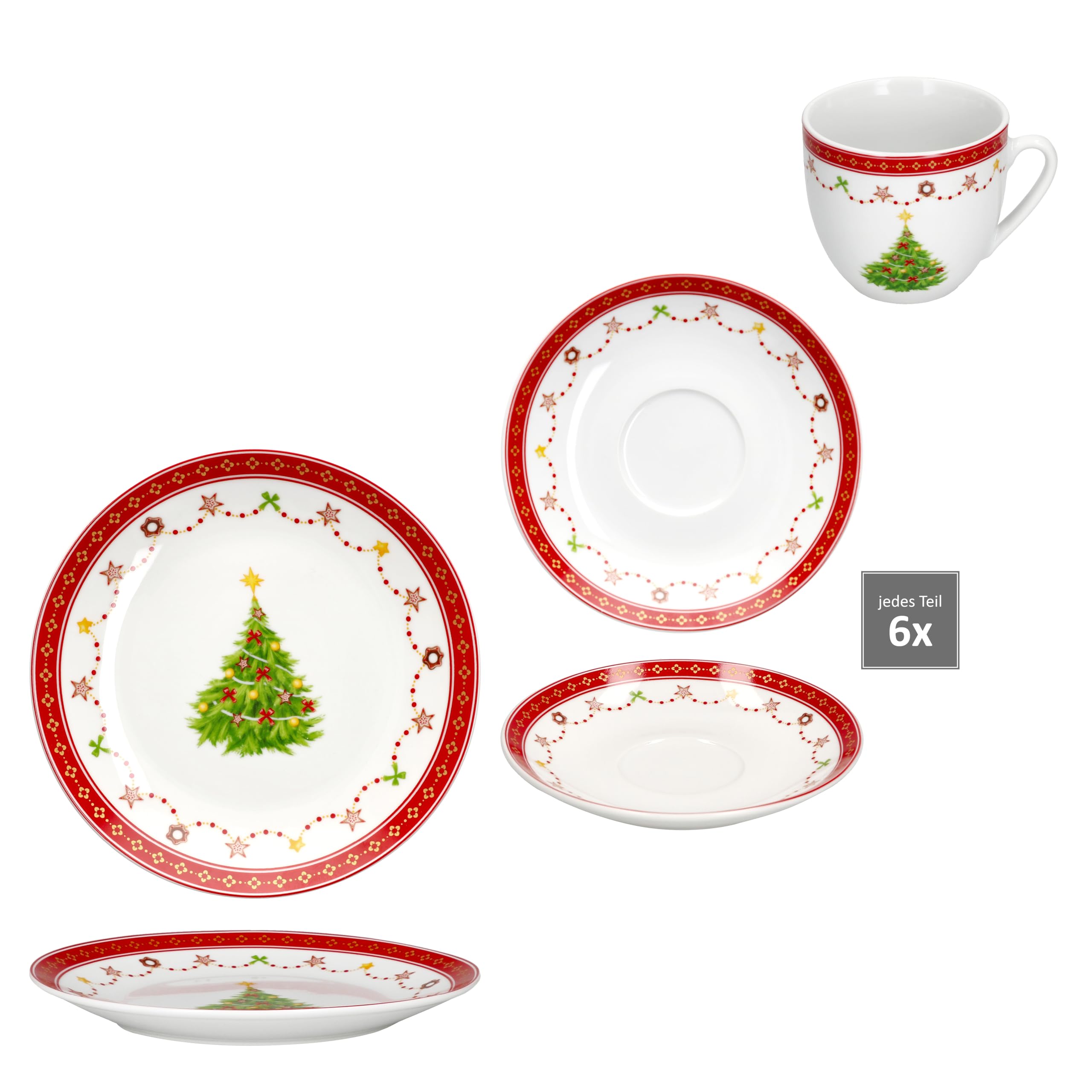 MamboCat Weihnachtstraum Service à café 18 pièces I Service à café en porcelaine pour 6 personnes avec décor de Noël I 6 tasses à café de 190 ml, soucoupes et assiettes à gâteau I Vaisselle pour Noël