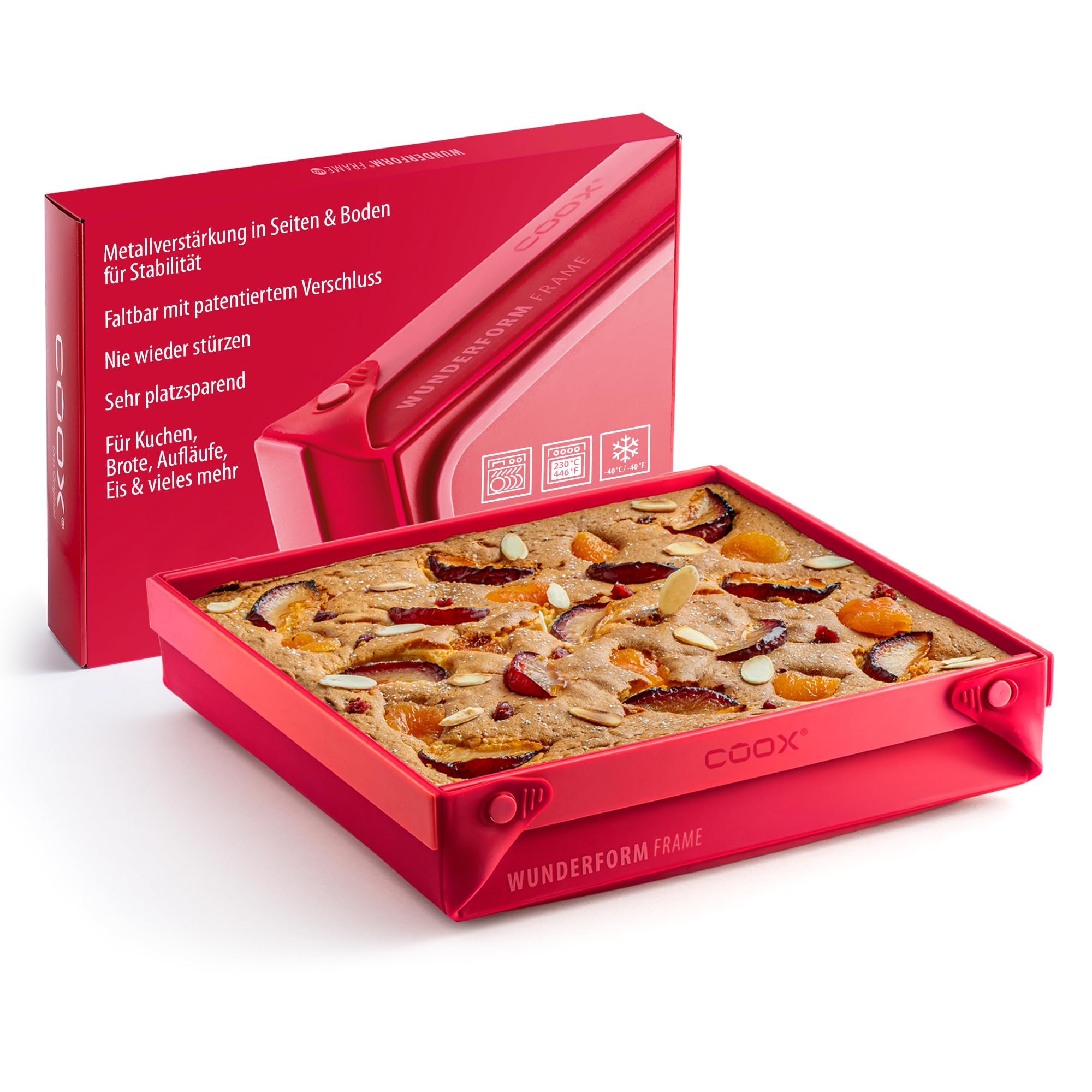 coox WUNDERFORM Frame MQ - die faltbare Kastenform mit Metallverstärkung - Backen & Servieren in Einem I Antihaft-Silikon I Spülmaschinenfest I Kein Stürzen I BPA-frei Rot